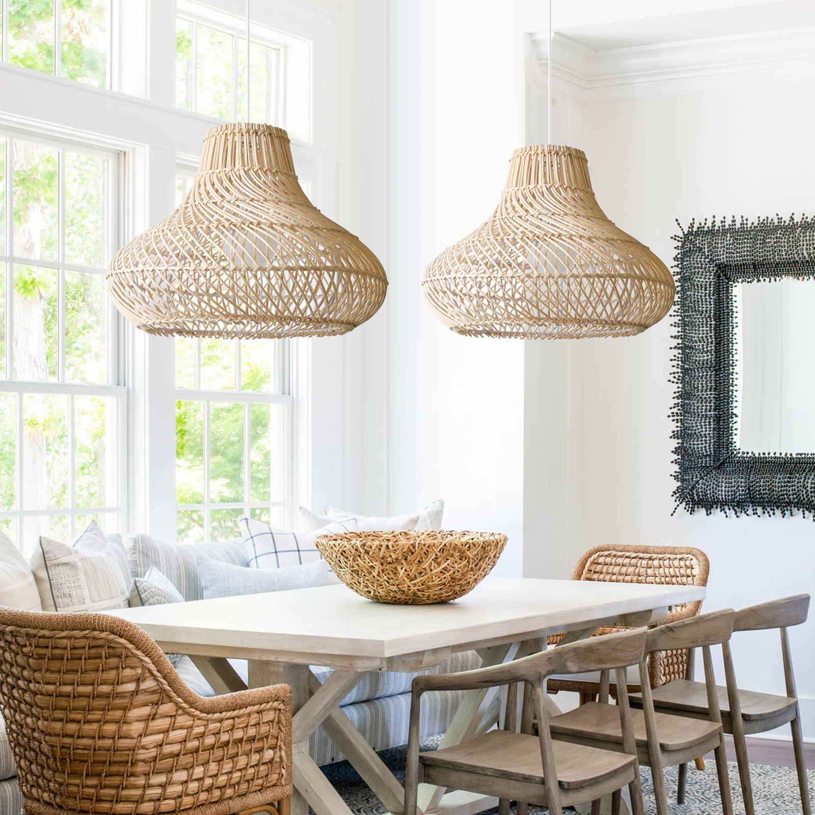 Natural Rattan Pendant Lamp Dining Room Hanging Wicker Lampshade-Handwovenlamp