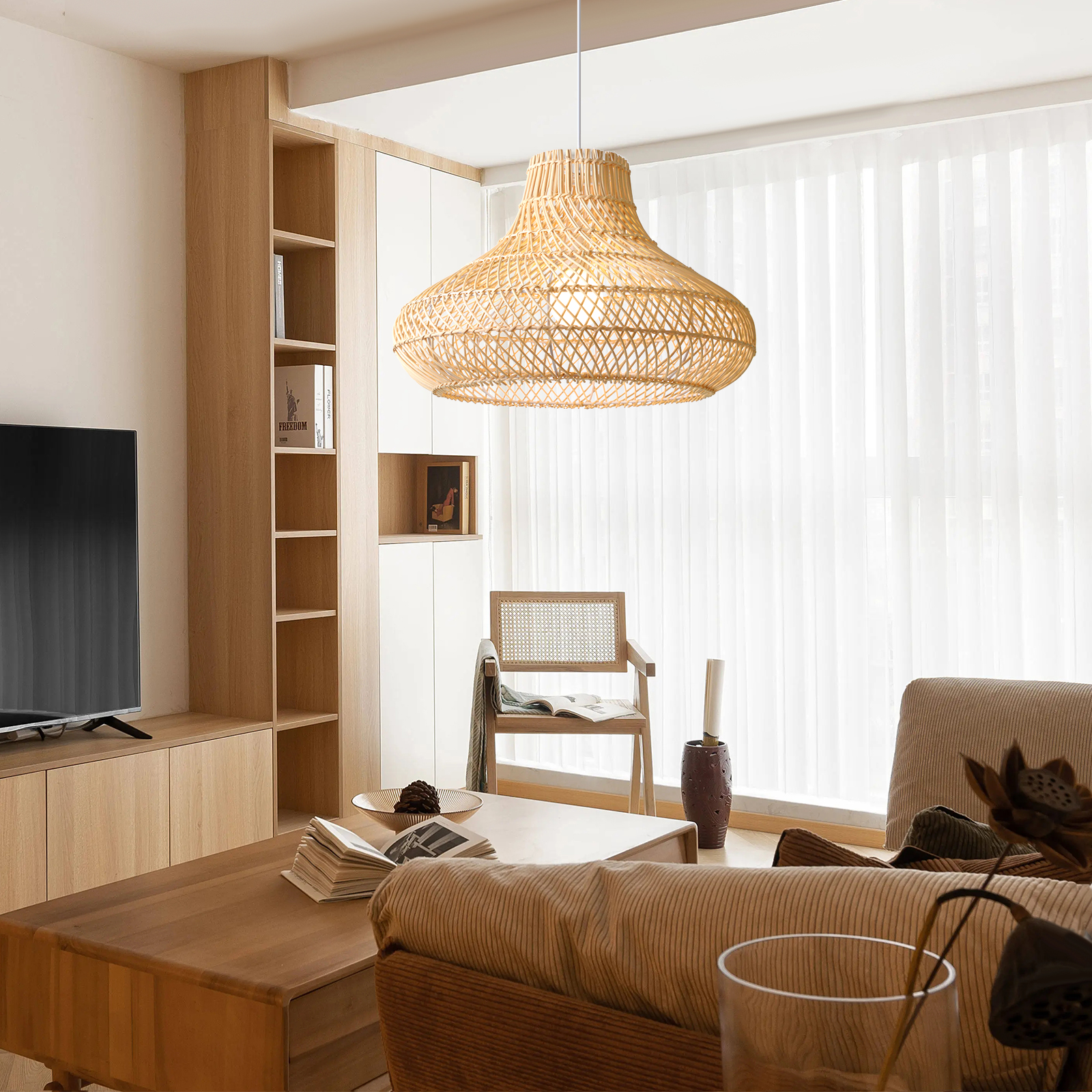 Natural Rattan Pendant Lamp Dining Room Hanging Wicker Lampshade-Handwovenlamp