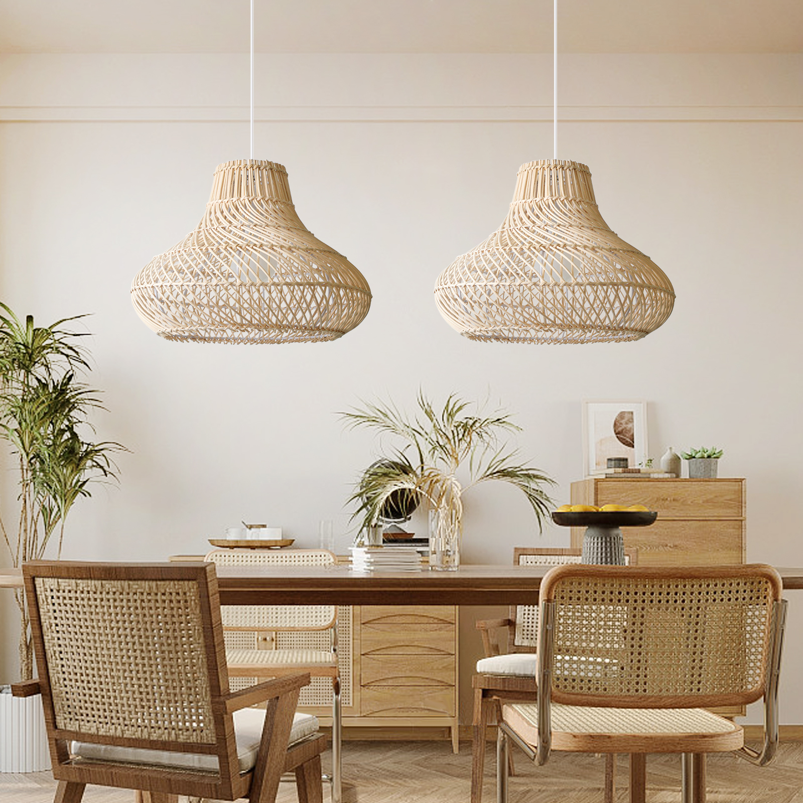 Natural Rattan Pendant Lamp Dining Room Hanging Wicker Lampshade-Handwovenlamp