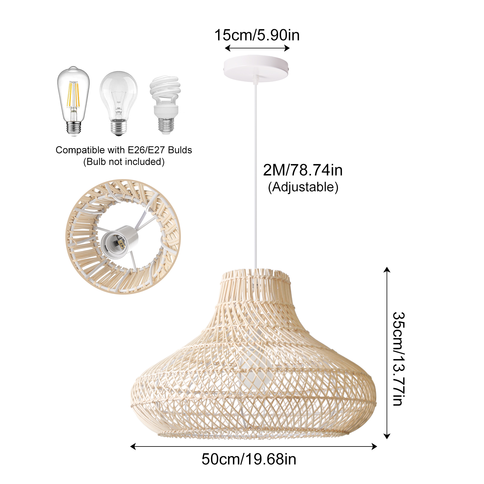 Natural Rattan Pendant Lamp Dining Room Hanging Wicker Lampshade-Handwovenlamp