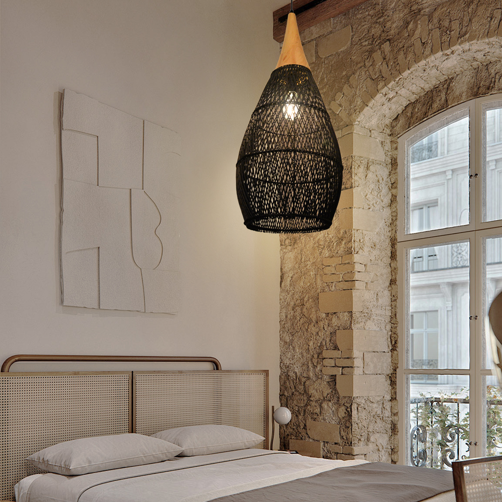 Rattan Wood Hanging Lamp Farmhouse Vintage Living Room Water Drop Chandelier-Handwovenlamp