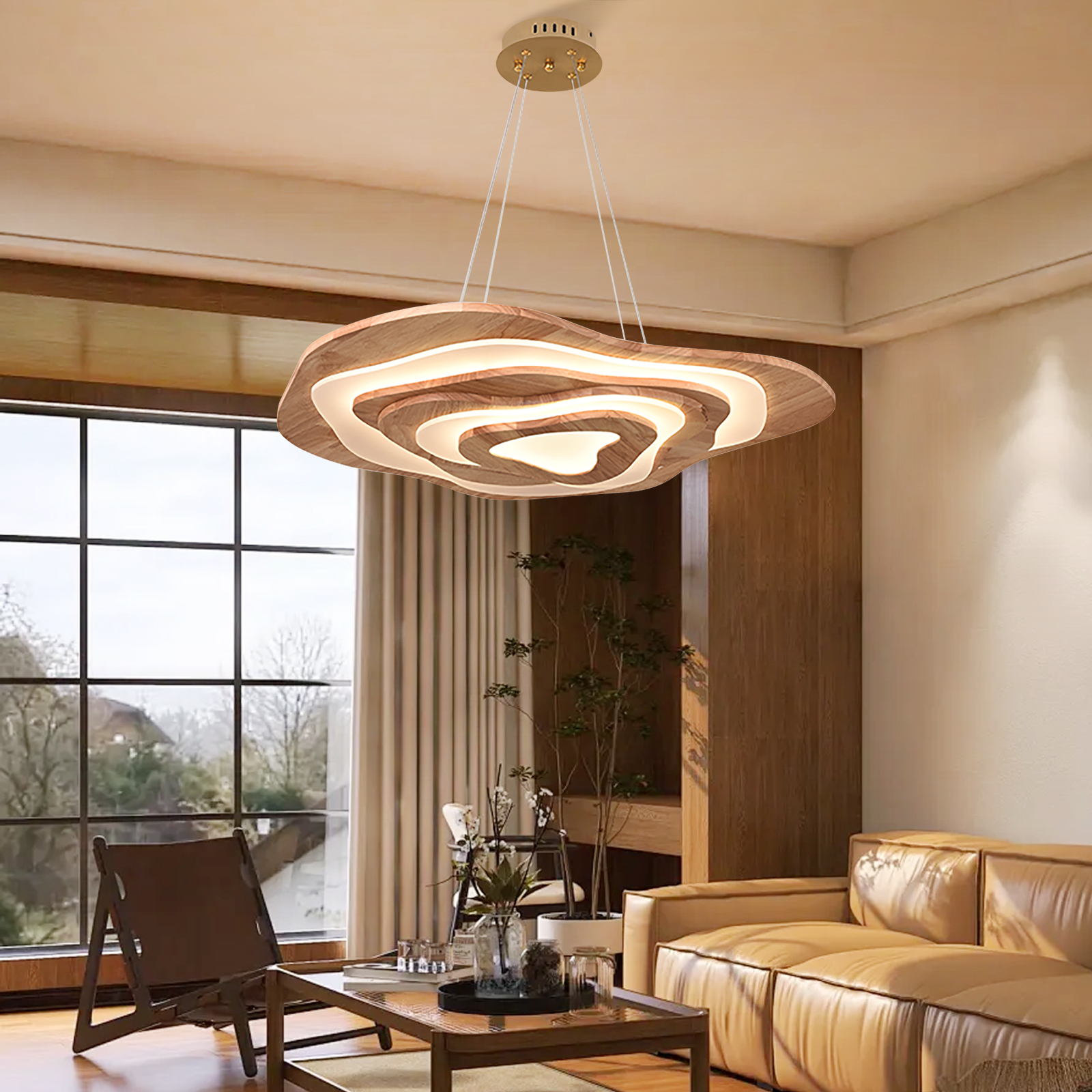 Dimmable Flower-shape Wooden Chandelier Dining Room Living Room Decor Pendant Lighting Fixture-Handwovenlamp