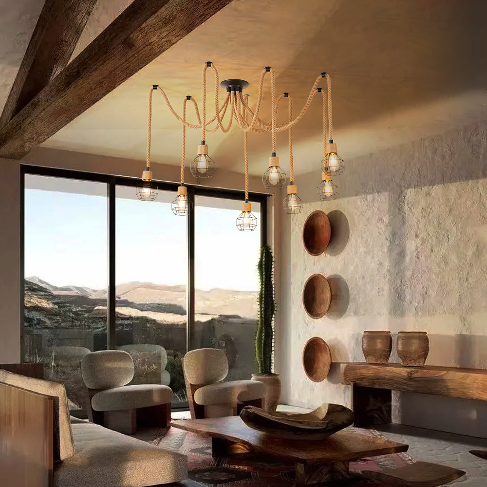 8-Light Hemp Rope Ceiling Lamp with Metal Spherical Shade-Handwovenlamp