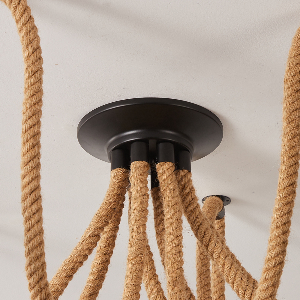 8-Light Hemp Rope Ceiling Lamp with Metal Spherical Shade-Handwovenlamp