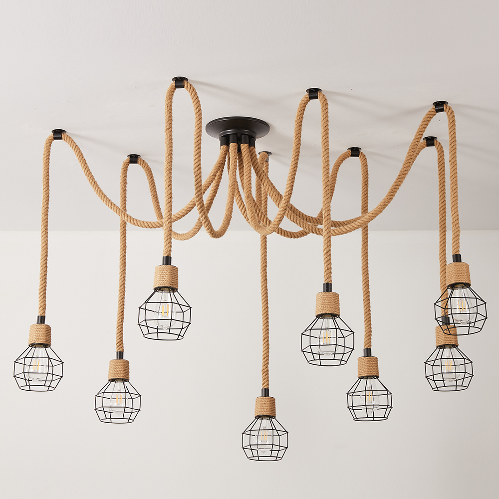 8-Light Hemp Rope Ceiling Lamp with Metal Spherical Shade-Handwovenlamp