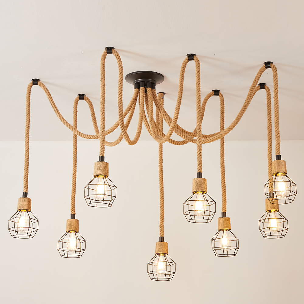 8-Light Hemp Rope Ceiling Lamp with Metal Spherical Shade-Handwovenlamp
