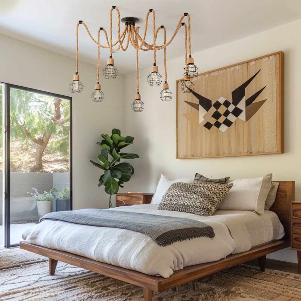 8-Light Hemp Rope Ceiling Lamp with Metal Spherical Shade-Handwovenlamp