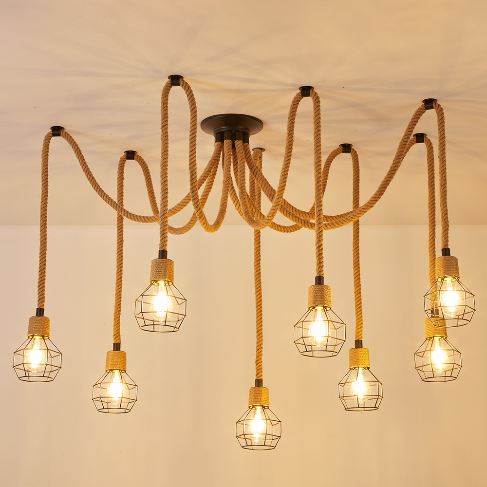 8-Light Hemp Rope Ceiling Lamp with Metal Spherical Shade-Handwovenlamp