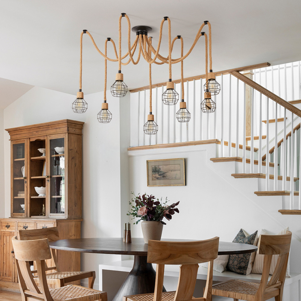 8-Light Hemp Rope Ceiling Lamp with Metal Spherical Shade-Handwovenlamp