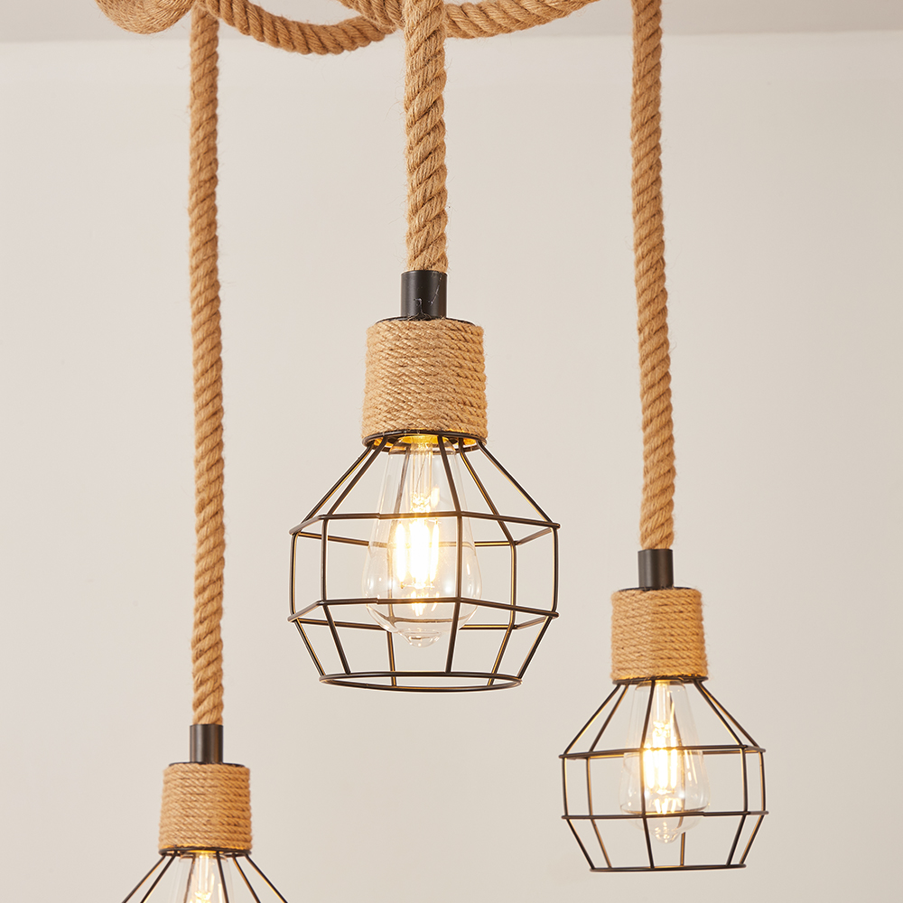 8-Light Hemp Rope Ceiling Lamp with Metal Spherical Shade-Handwovenlamp