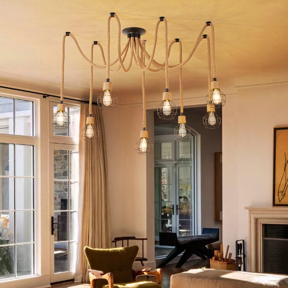 8-Light Hemp Rope Ceiling Lamp with Metal Spherical Shade-Handwovenlamp