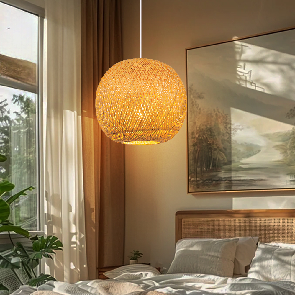 Spherical Bamboo Pendant Light for Bedroom Dining Room-Handwovenlamp