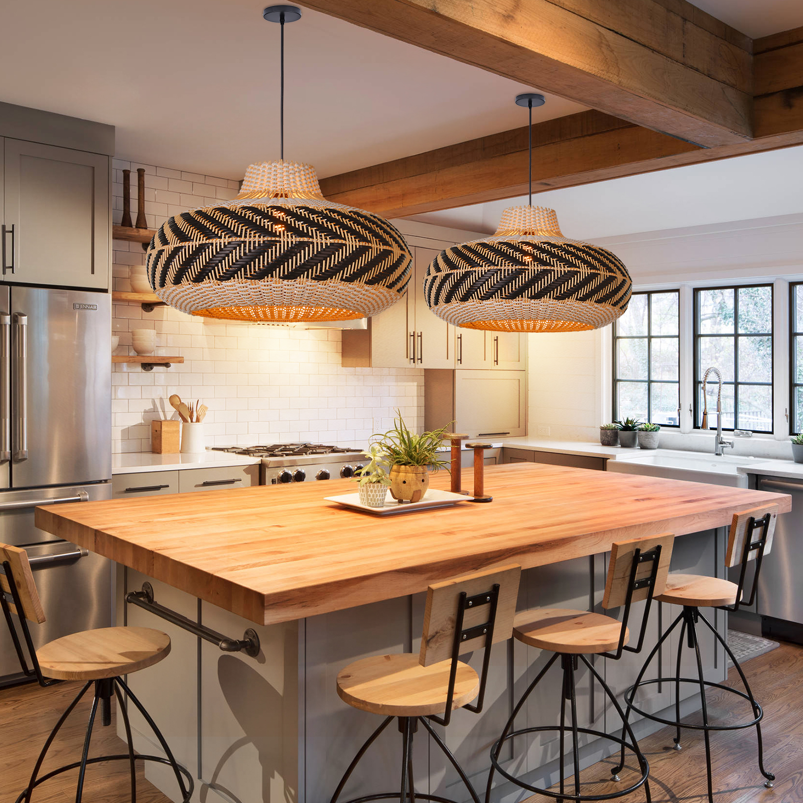 Dining Room Black Rattan Pendant Light Simple Home Decor Lighting Fixture-Handwovenlamp