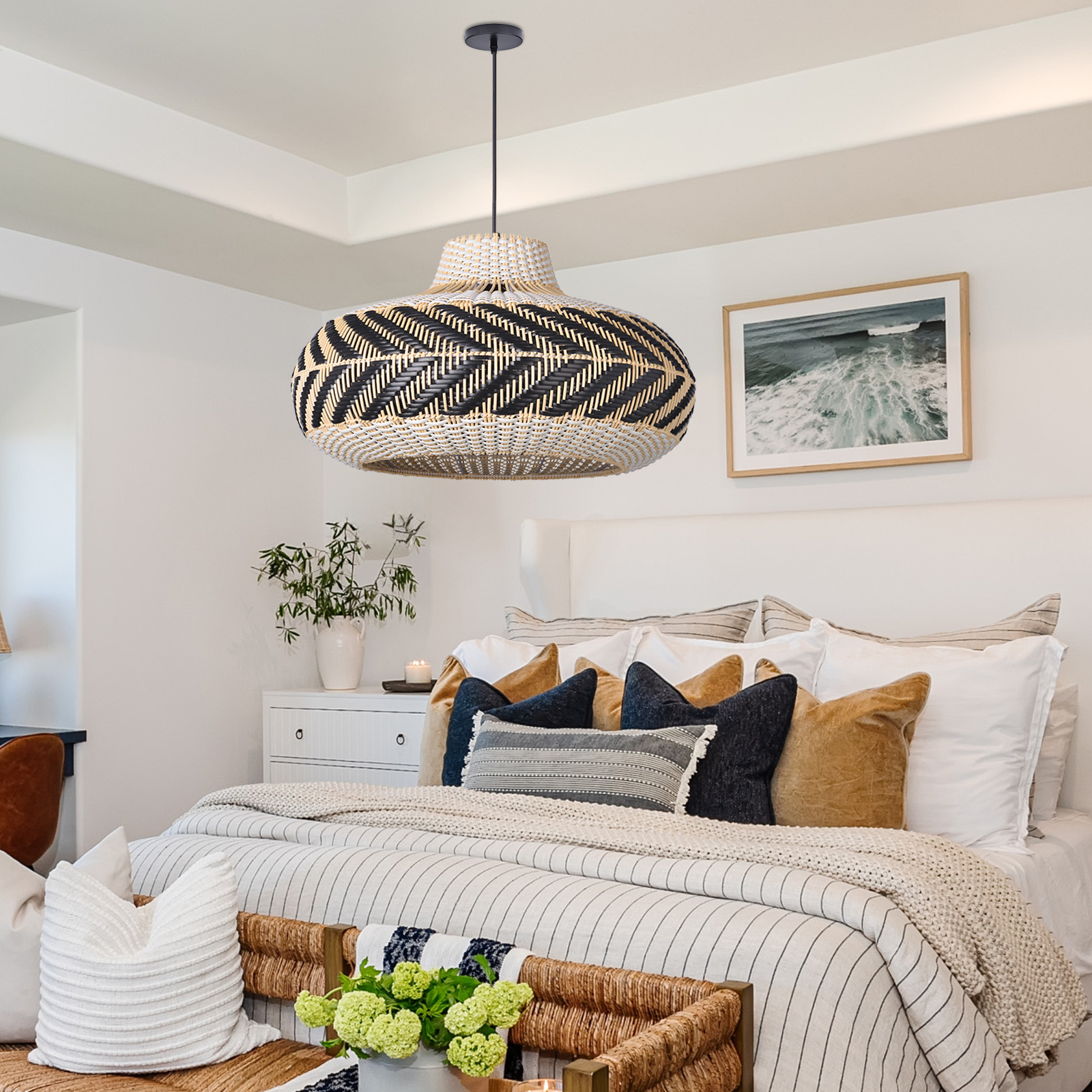 Dining Room Black Rattan Pendant Light Simple Home Decor Lighting Fixture-Handwovenlamp