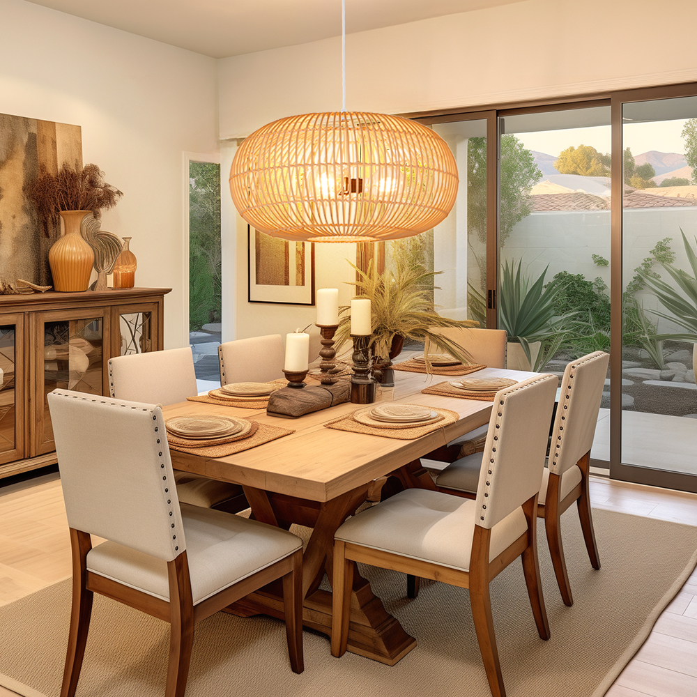 3 Bulbs Hanging Chandelier Medieval Style Dining Room Rattan Pendant Light-Handwovenlamp