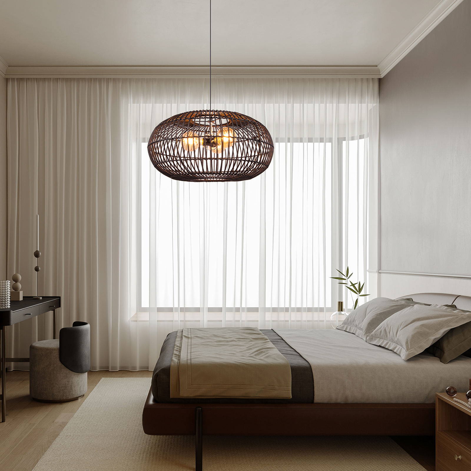 3 Bulbs Hanging Chandelier Medieval Style Dining Room Rattan Pendant Light-Handwovenlamp