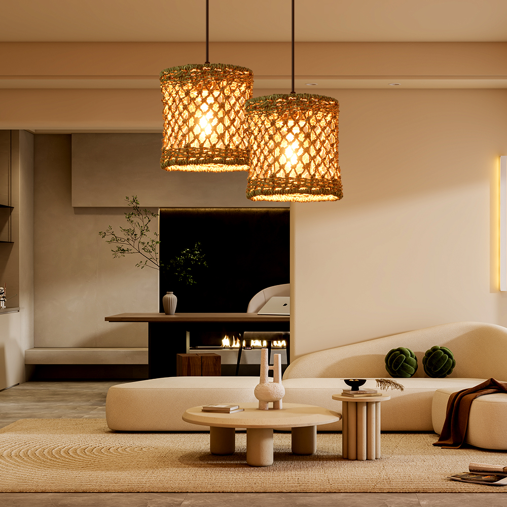 Retro Wicker Rattan Pendant Light Shade Restaurant Loft Style Grass Rattan Lamp-Handwovenlamp