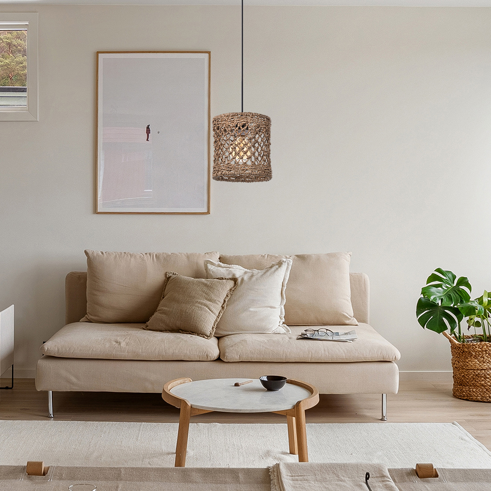 Mini Seagrass Rattan Pendant Lamp Cylindrical Hollow Lampshade-Handwovenlamp