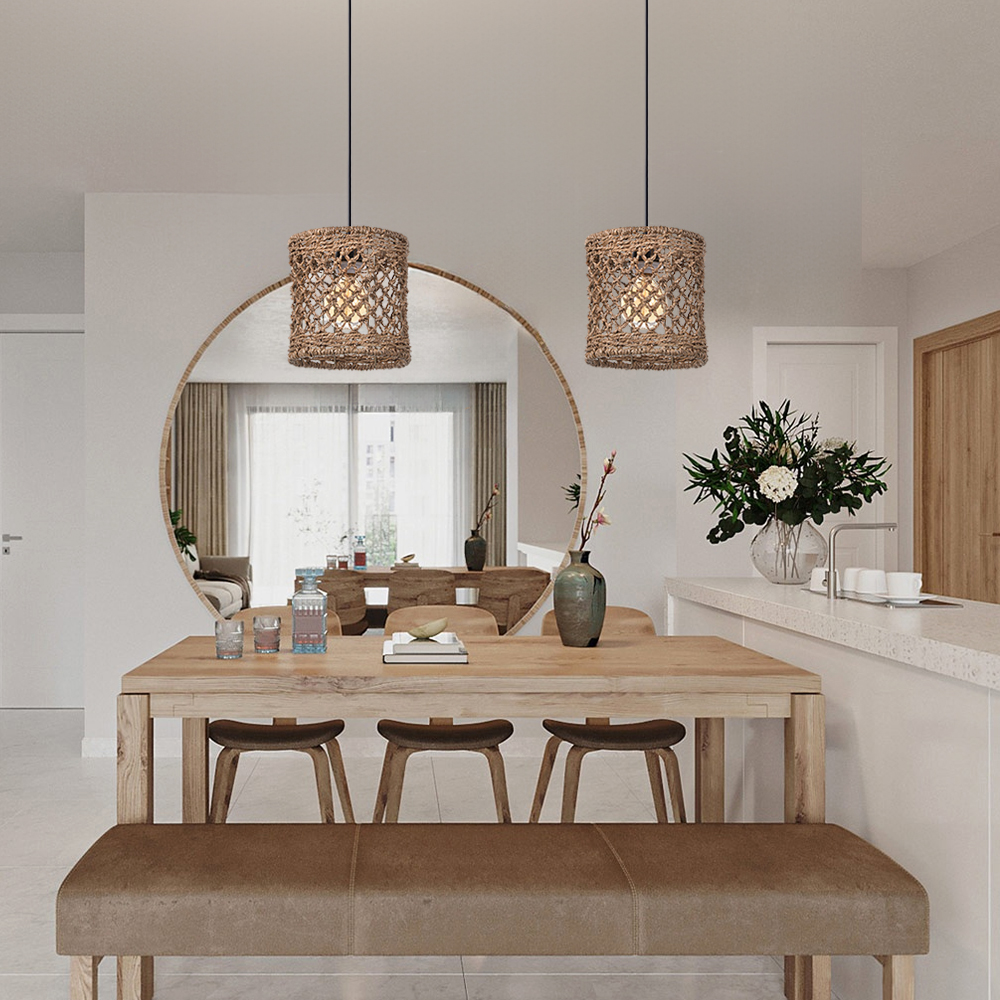 Mini Seagrass Rattan Pendant Lamp Cylindrical Hollow Lampshade-Handwovenlamp