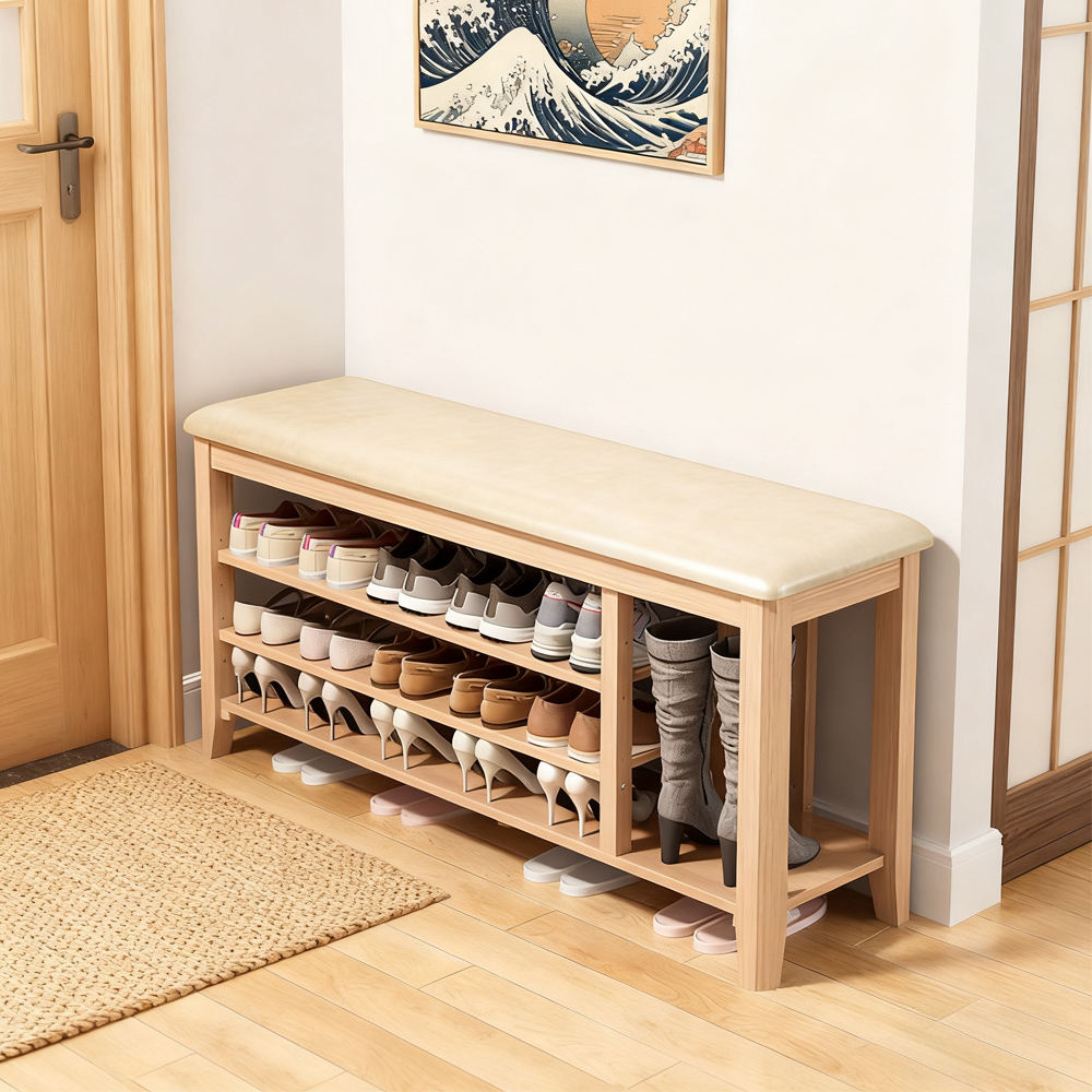 Solid Wood Shoe Changing Stool with Soft Cushion for Door Entrance