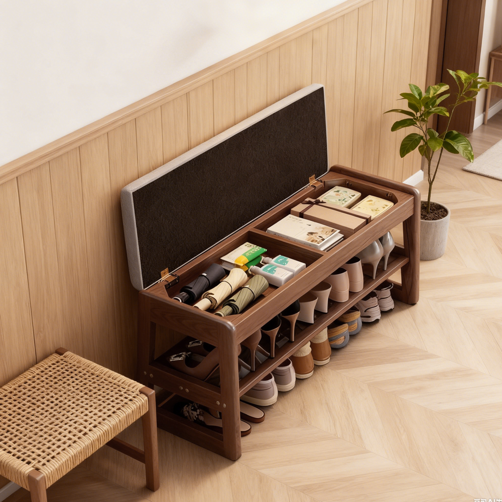 Solid Wood Shoe Changing Stool Entryway Storage Multi Function Hallway Storage Stool