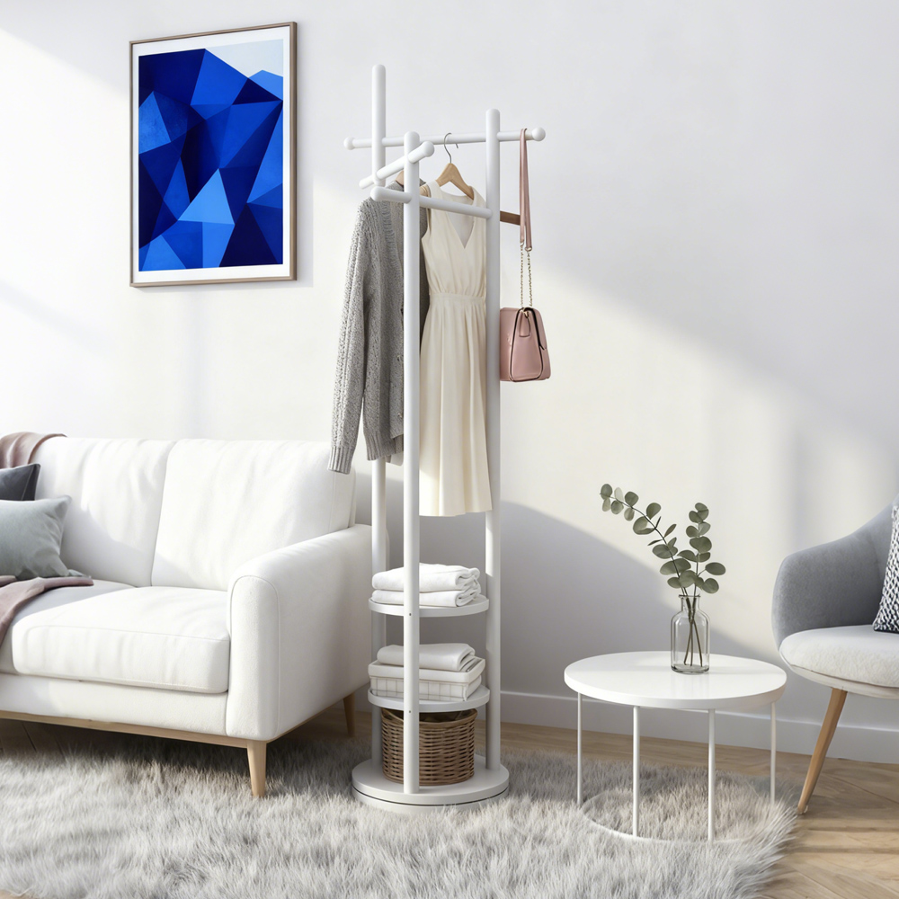 Nordic Style Solid Wood Rotating Coat Rack with Multi-Function Storage