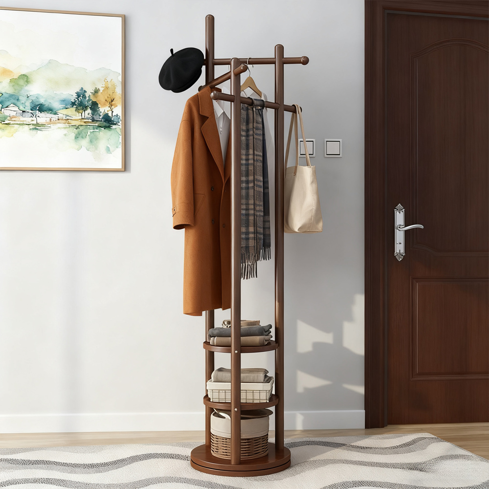 Nordic Style Solid Wood Rotating Coat Rack with Multi-Function Storage