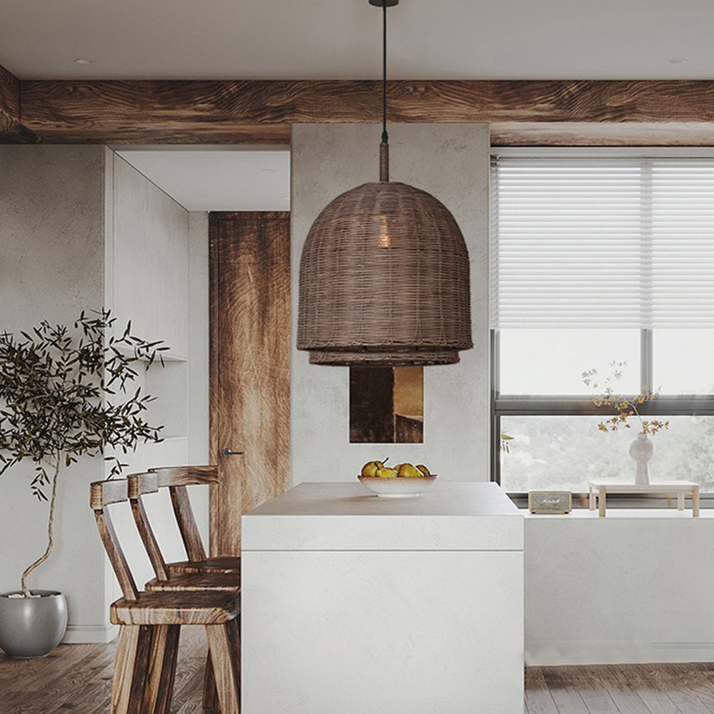 Vintage Rattan Pendant Light Wabi Sabi Bell Lamp Shade-Handwovenlamp