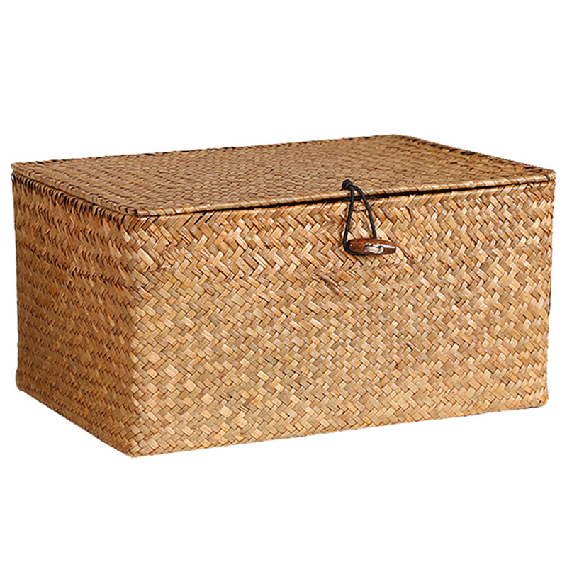 Straw Woven Storage Box Covered Sundries Organizer Ornament Box Storage Basket-Handwovenlamp