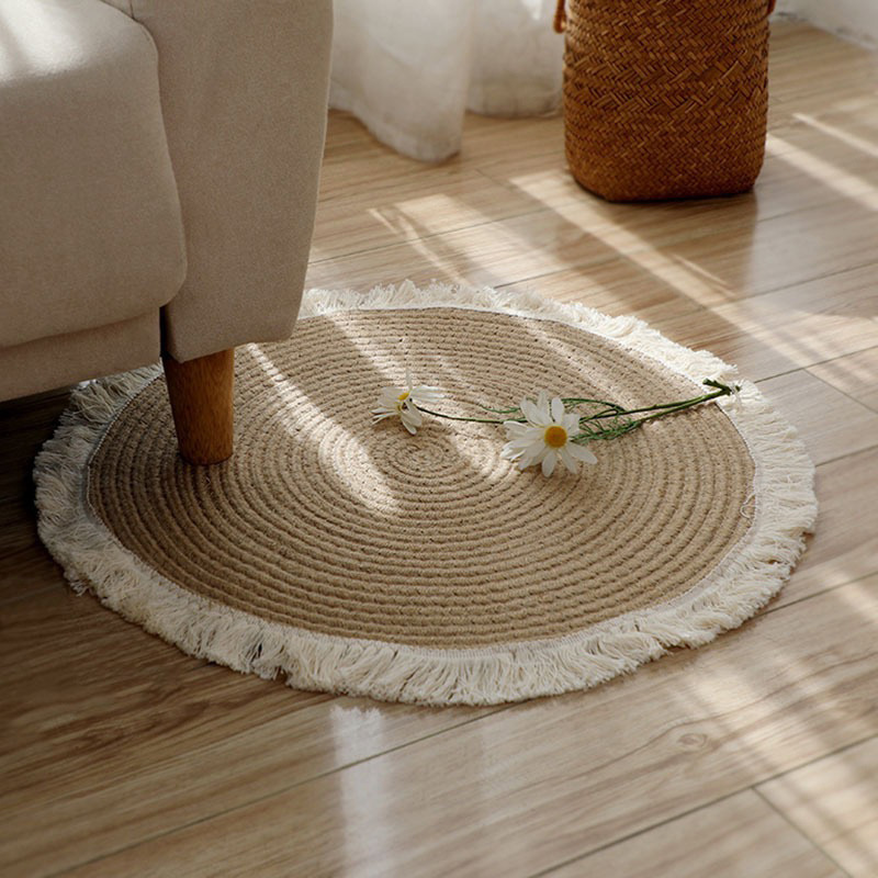 Nordic jute braided tassel floor mat rope balcony floor-to-ceiling window carpet-Handwovenlamp