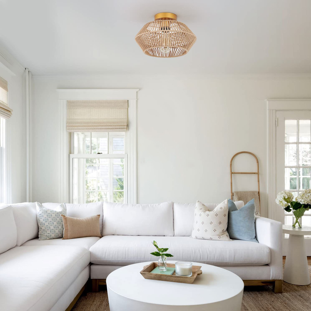 Irregular Flush Mount Ceiling Light Hallway Wicker Rope Light Fixture-Handwovenlamp