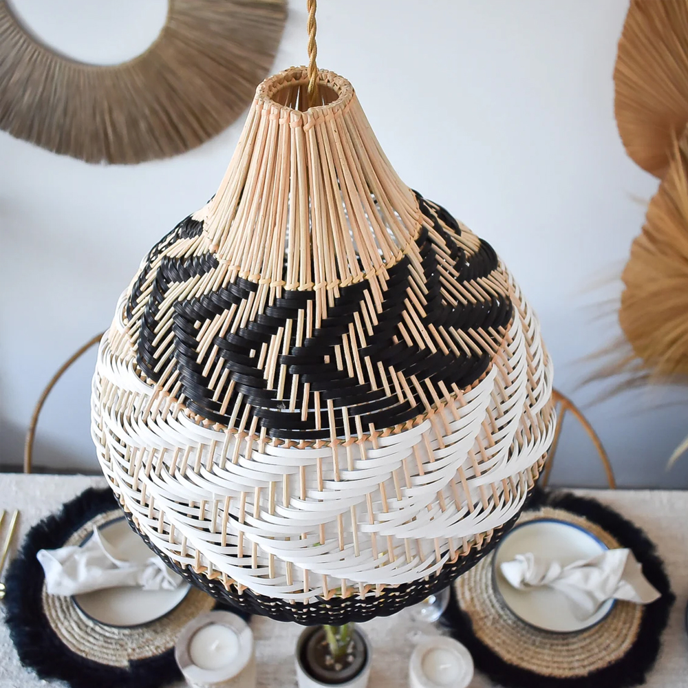 Boho Black White Basket Weave Rattan Light Fixture Handmade Kitchen Lamp Shade-Handwovenlamp