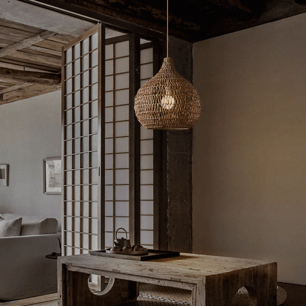 Retro Handwoven Grass Chandelier Dining Room Wicker Pendant Light-Handwovenlamp