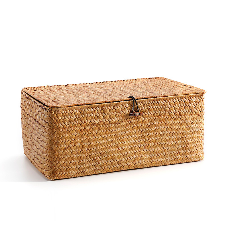 Straw Woven Storage Box Covered Sundries Organizer Ornament Box Storage Basket-Handwovenlamp