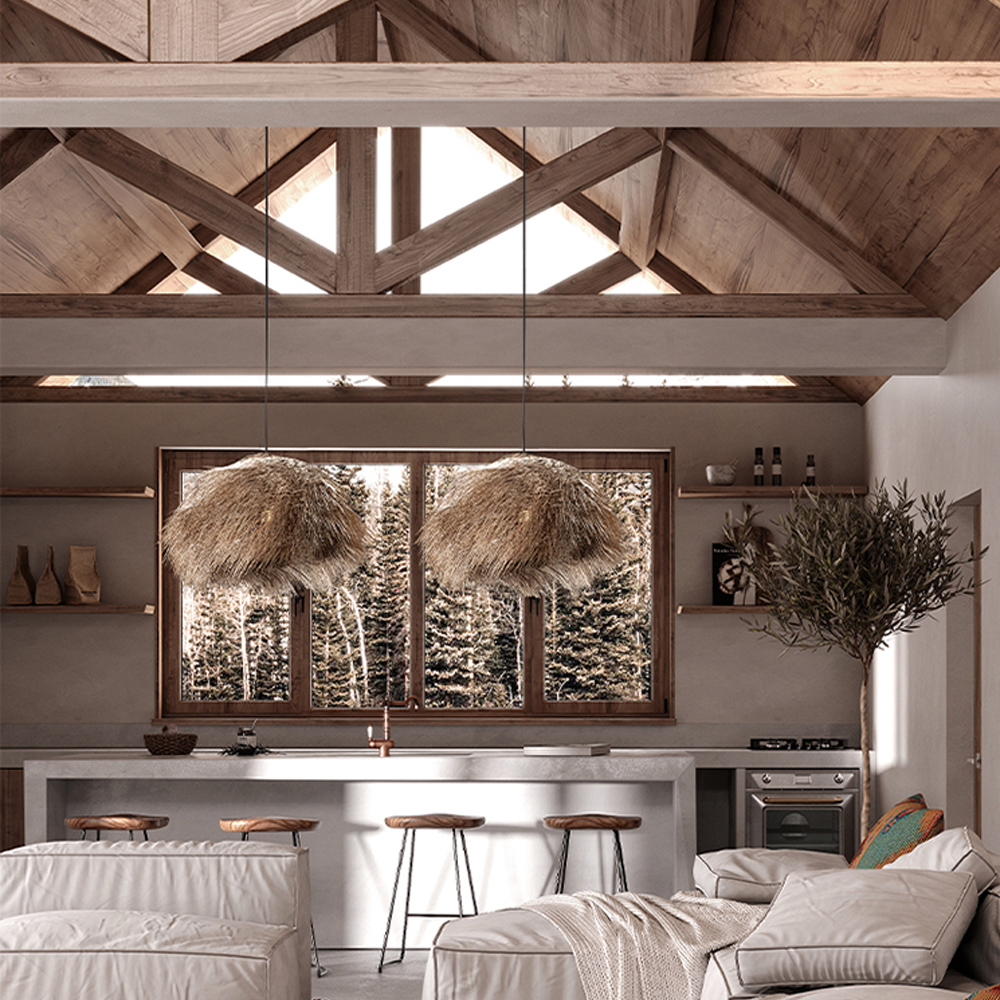 Raffia Hand-woven Lamps Wabi Sabi Living Room Vintage Rattan Pendant Shade-Handwovenlamp