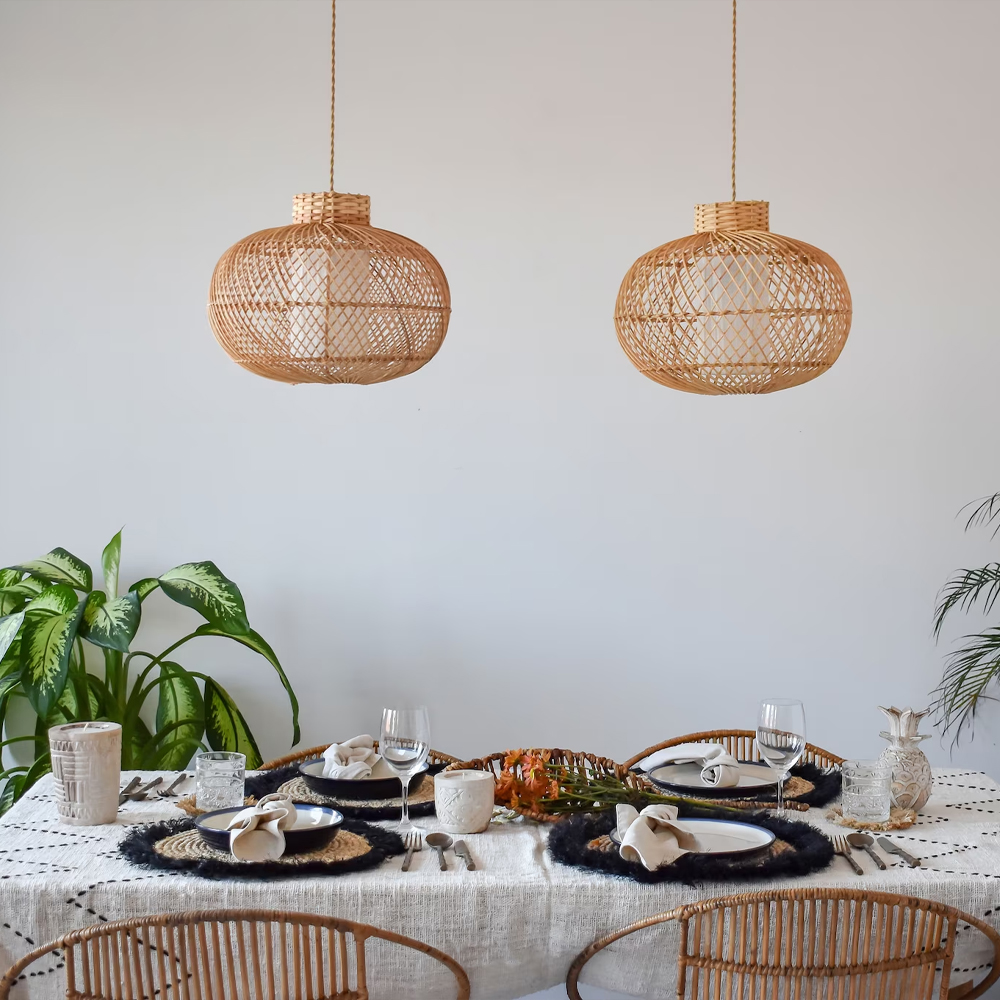 Boho Coastal Dining Room Pendant Light Fixtures Handmade Natural Rattan Chandelier-Handwovenlamp