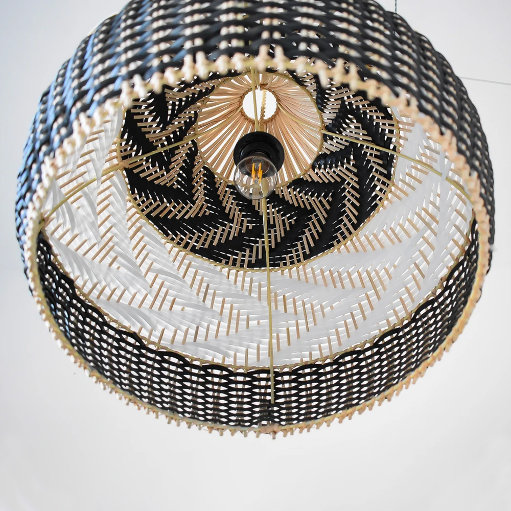 Boho Black White Basket Weave Rattan Light Fixture Handmade Kitchen Lamp Shade-Handwovenlamp