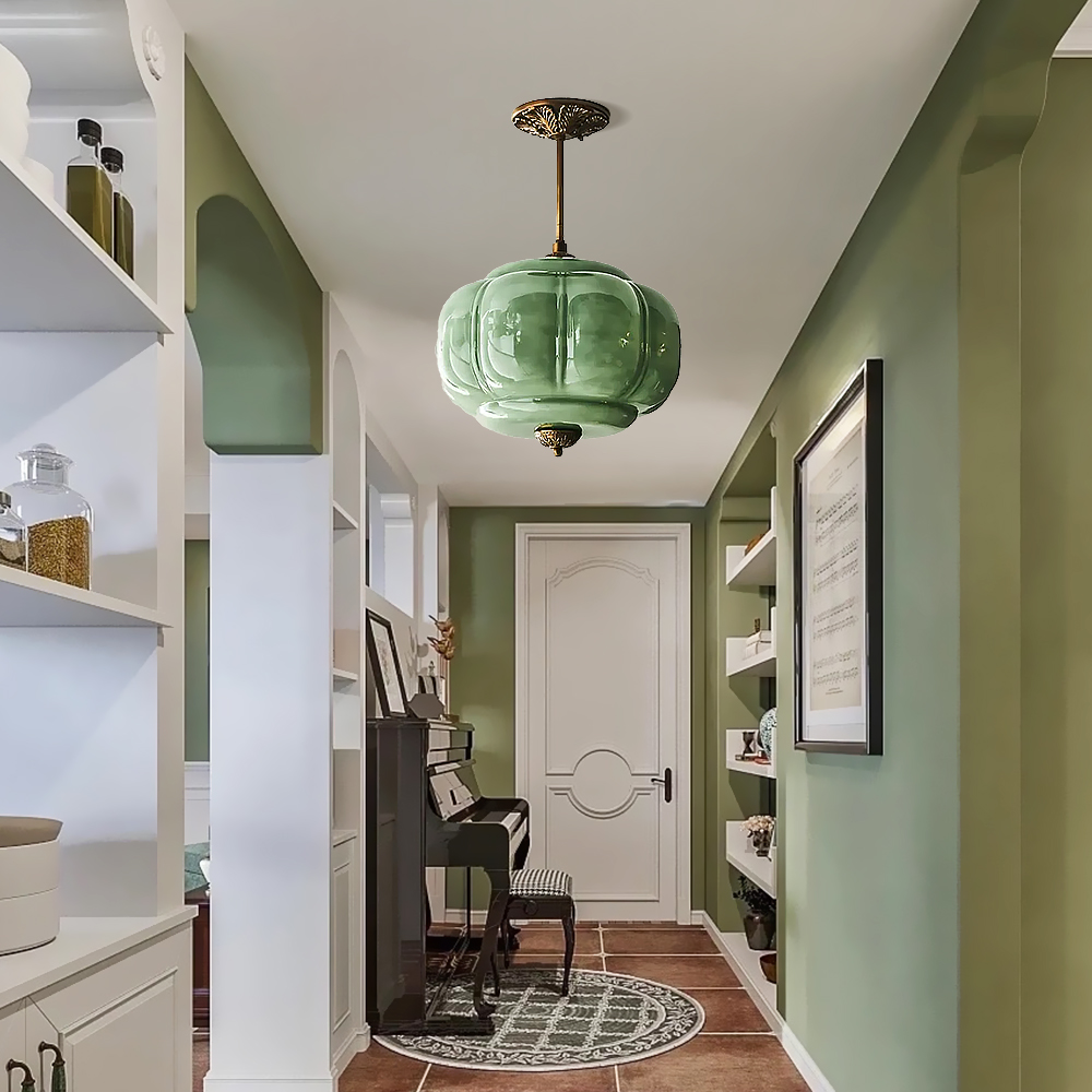 Medieval Vintage Entrance Flush Mount Lamp Simple Pumpkin Glass Pendant Light-Handwovenlamp