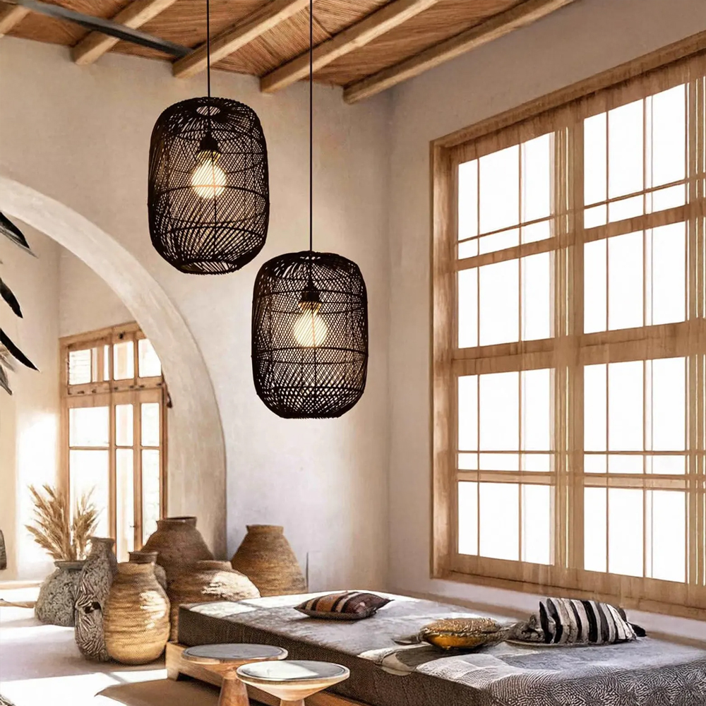 Handcrafted Kitchen Black Pendant Lampshade Beautiful Farmhouse Rattan Chandelier-Handwovenlamp