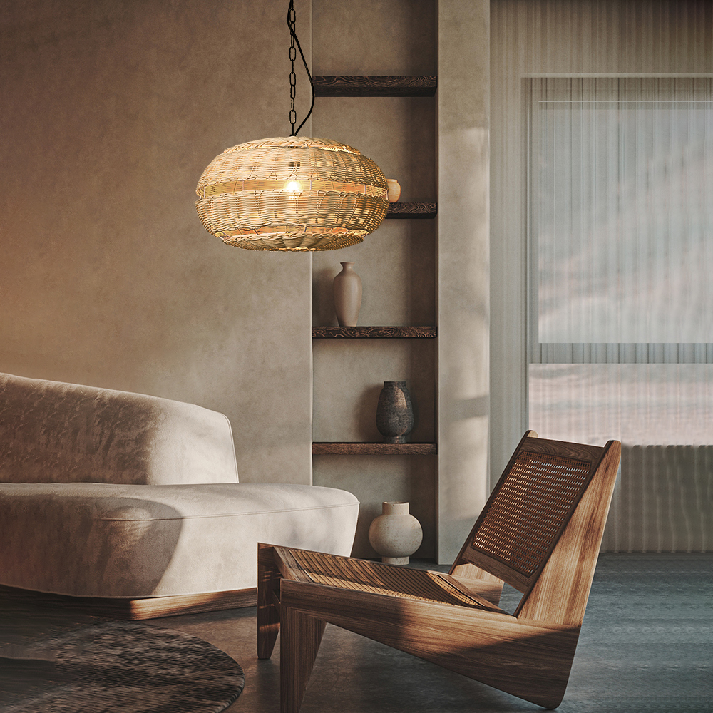 Living Room Rattan Pendant Light Shade Wabi-sabi Style Hanging Lamp-Handwovenlamp