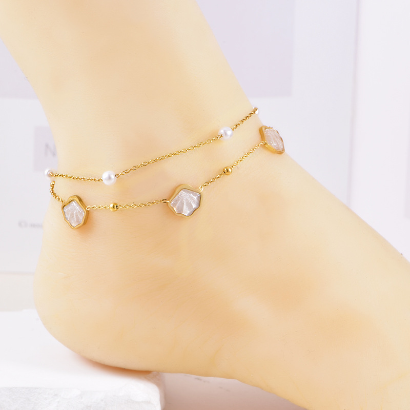 Scallop Pearl Double Layered Anklet Sweet Casual Beach Anklet