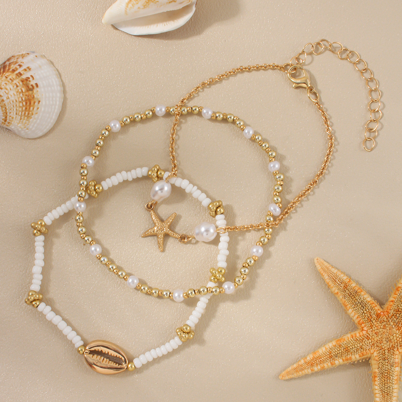 Multi-layer Women's Anklet Set, Starfish Shell-shaped Foot Ornament, Beach Foot Ornament