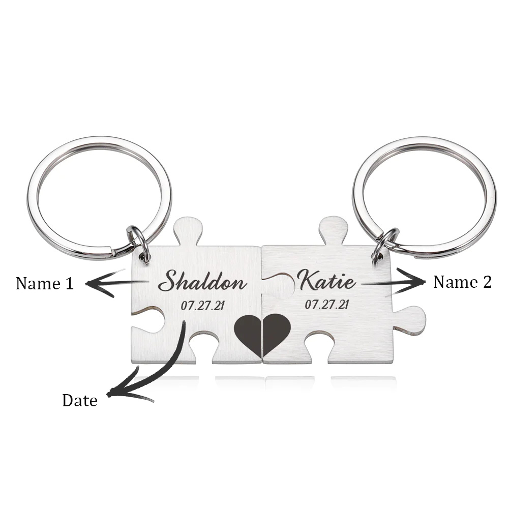 Puzzle Keychain Set Personalized 2 Names & Date Interlocking Keychain for Couple