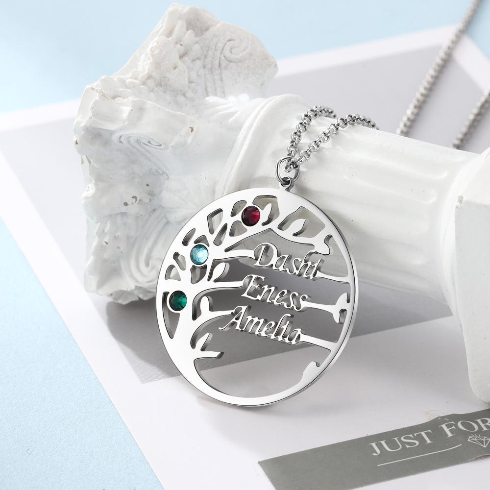 Family Tree Name Necklace with 3 Birthstones Custom 3 Names Personalized Tree Of Life Pendant