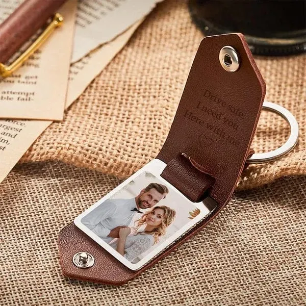 Personalized Photo Keychain Custom 2 Text and 1 Photo Leather Keychain