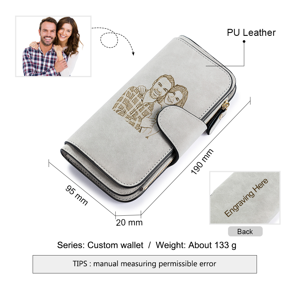 Long Style Photo Wallets Custom Inscription Photo Engraved Wallet Grey
