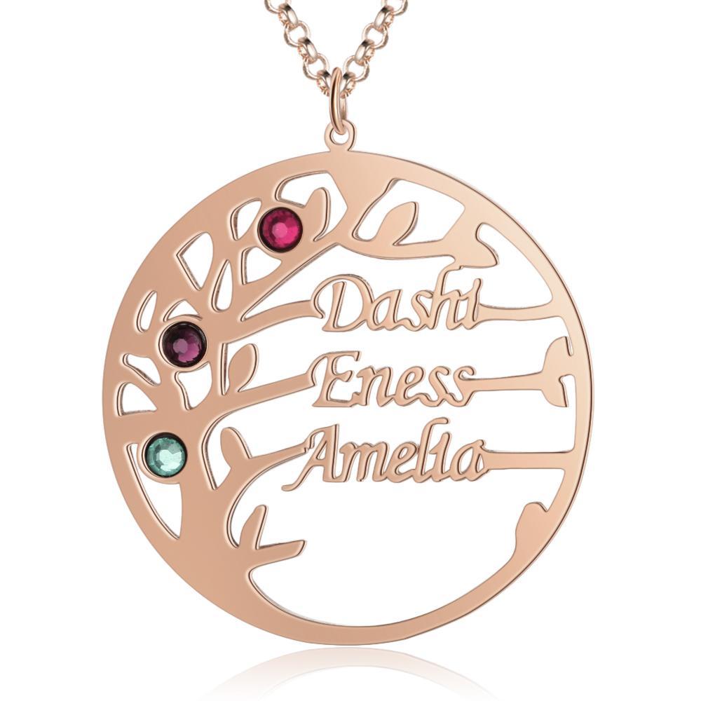 Family Tree Name Necklace with 3 Birthstones Custom 3 Names Personalized Tree Of Life Pendant