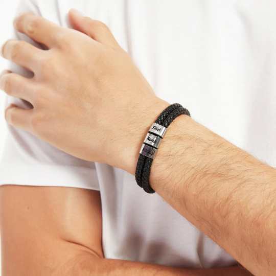 Men Leather Bracelet with Engraved Beads Custom Two Layers Bracelet Black