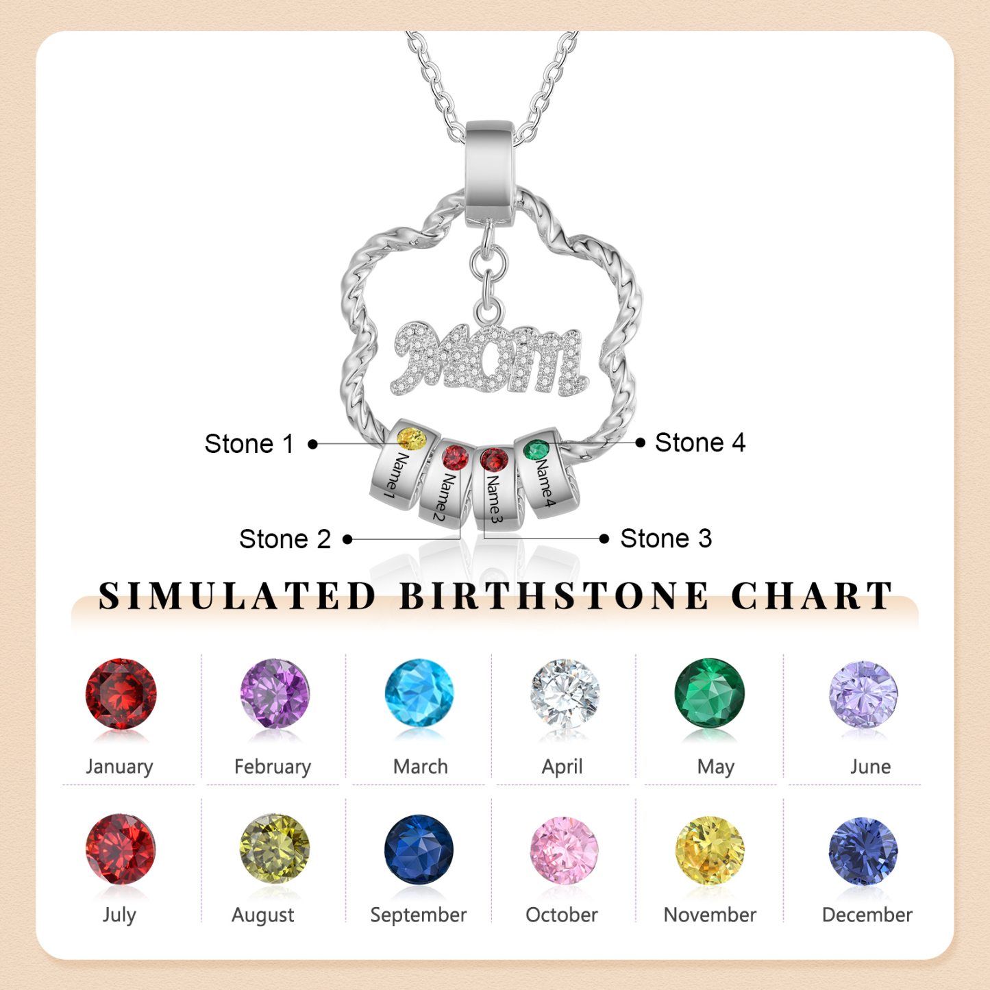 Personalized Flower Necklace With Birthstone Pendants Engraved