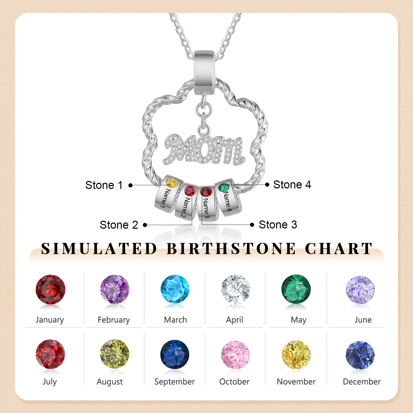 Personalized Flower Necklace With Birthstone Pendants Engraved